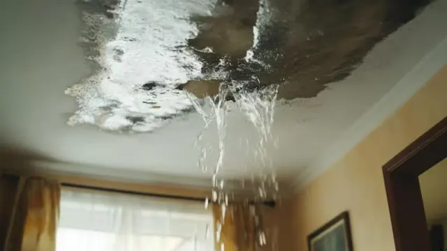 Water streaming through a damaged ceiling in a home