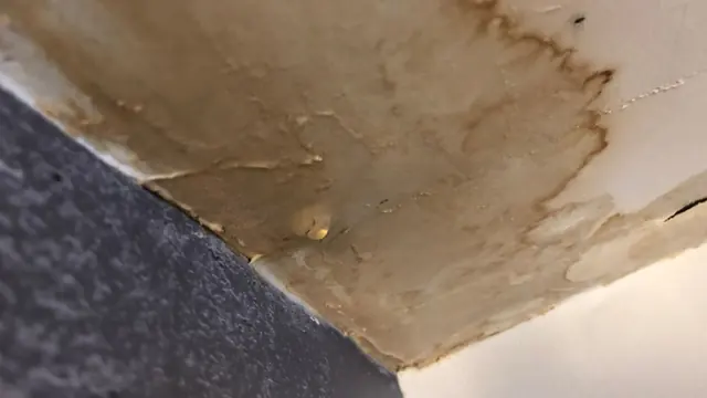 Dehumidifier with a yellow duct drying a room with open wall panels