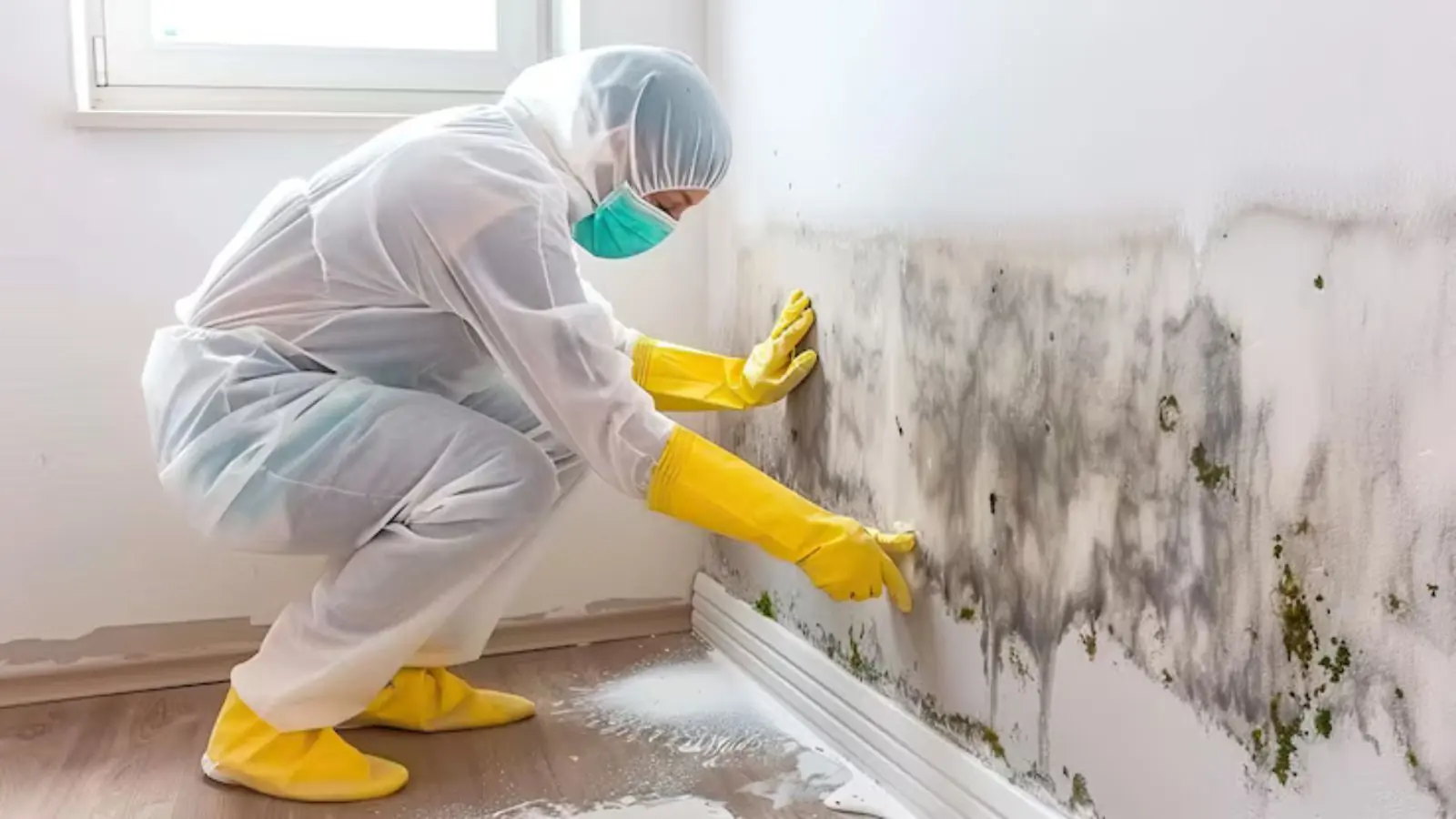 Technician in protective gear cleaning mold from a baseboard wall