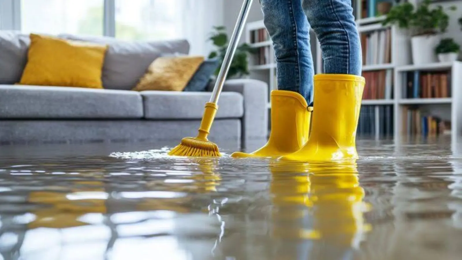 Person in yellow rubber boots mopping standing water in a living room